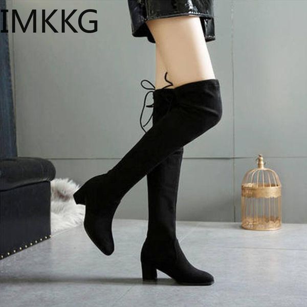 

elastic flock slim fit boots women 2020 winter fashion thigh lace up ladies high heel chunky heel long boots, Black