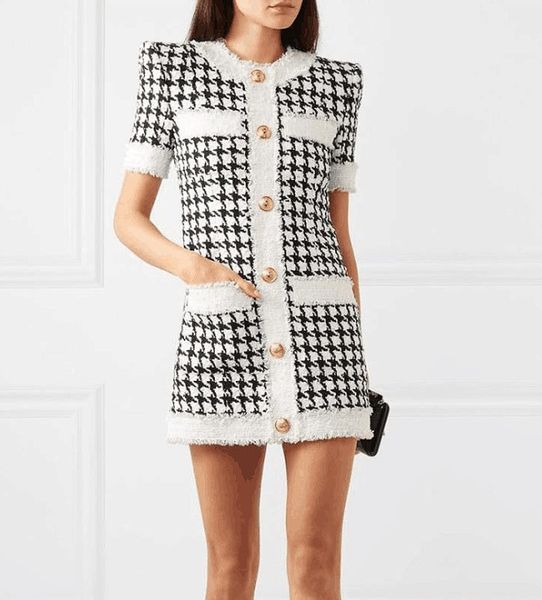 

new style premium dress original design women's raw edge houndstooth dress burrs tweed career dress, White;black