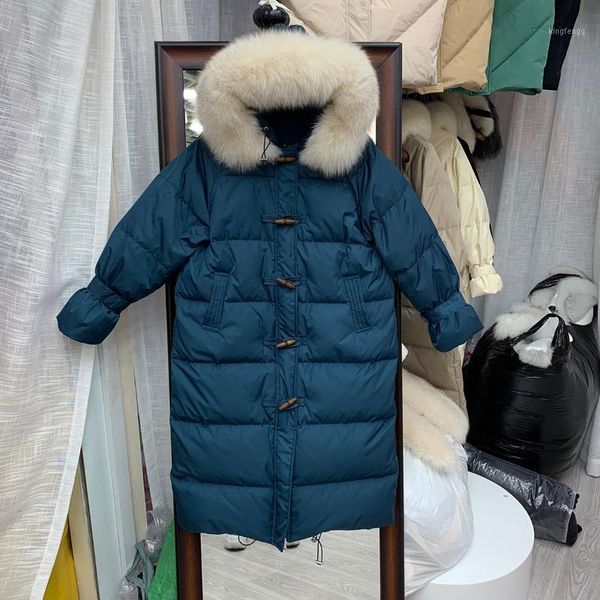 

2020 new winter women korean big natural fur collar white duck down jacket lady horn button coat hooded long oversize parkas s751, Black