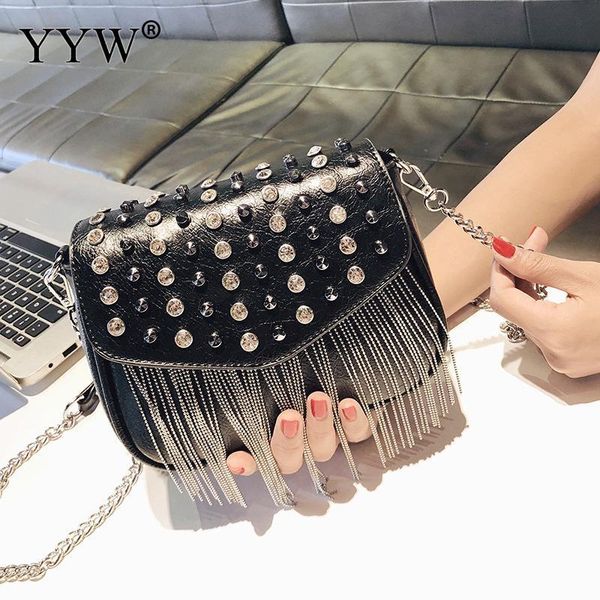 

leather diamonds rivet tassel crossbody bag for women 2020 fashion black travel bag shoulder solid clutch handbag female