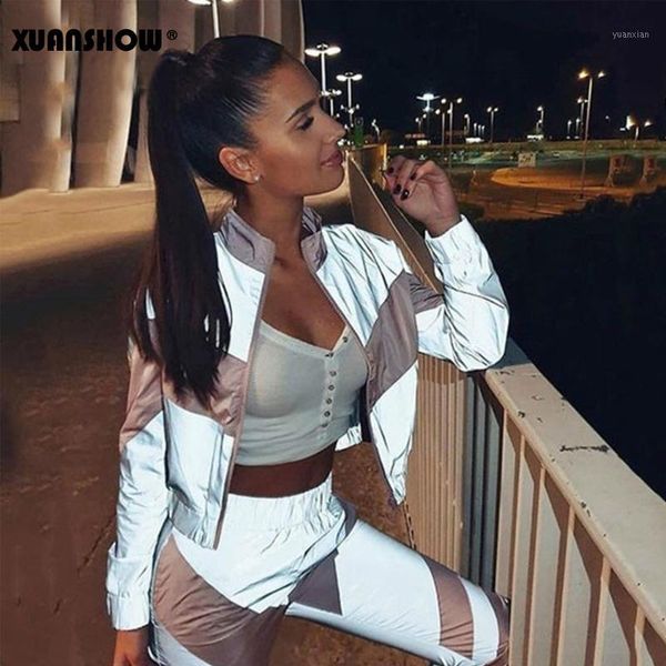 

fashion reflective tracksuit women zipper crop + long pants 2 piece set female sets clothes jacket trousers s-xxl1, White