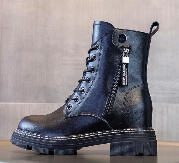 

leathers platform korean version of double side zipper inside lift shoes for slimming women boots, Black