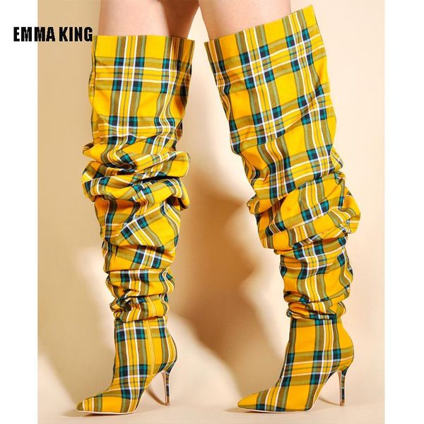 

fashion yellow palm tree shoes winter women thigh high boots ladies over the knee boots ladies high heel plaid 2020, Black