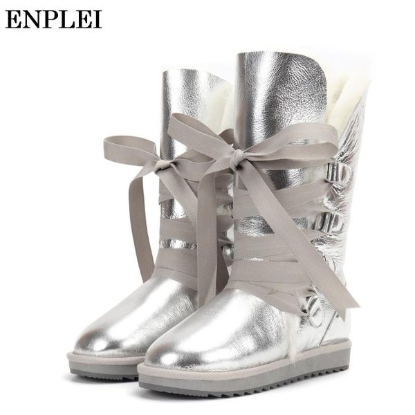 

enplei winter boots women sheep wool fur shoes waterproof snow boots for female knee-high genuine leather size 34-43, Black