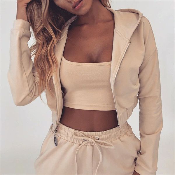 

women autumn sporting 2 piece sets clothes sportwear short hooded zip jackets + solid apricot jogger cargo pants tracksuits lj201119, White