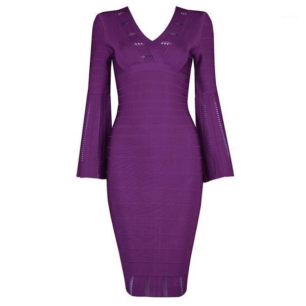 

winter dress women v neck flare sleeve purple bandage dress 2019 ladies designer thick rayon party1, Black;gray