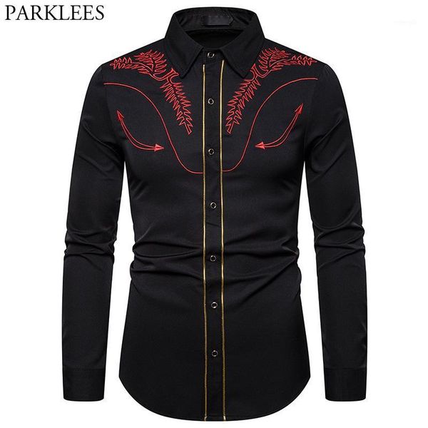 

men's embroidered arrow design western shirt stylish slim fit long sleeve shirt party cowboy festivals button down camisas1, White;black
