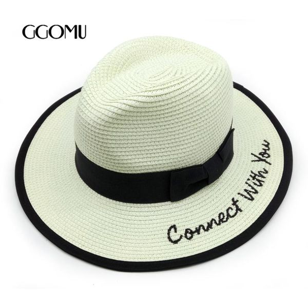 

wide brim hats drop fashion summer bow sun for women letter straw white beach caps trilby with ribbon panama hat, Blue;gray