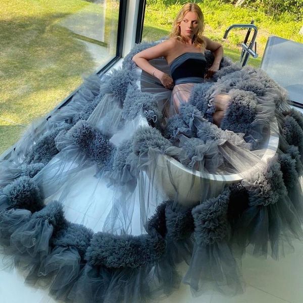 

see through ruffled tulle prom party dresses lush long p shoot women dress strapless gray sheer evening gown for pgraphy, Black;gray