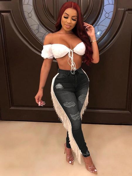 

2020 women casual ripped fringed jeans fashion slim fit personality side tassel ripped skinny jeans street trend denim trousers1, Blue