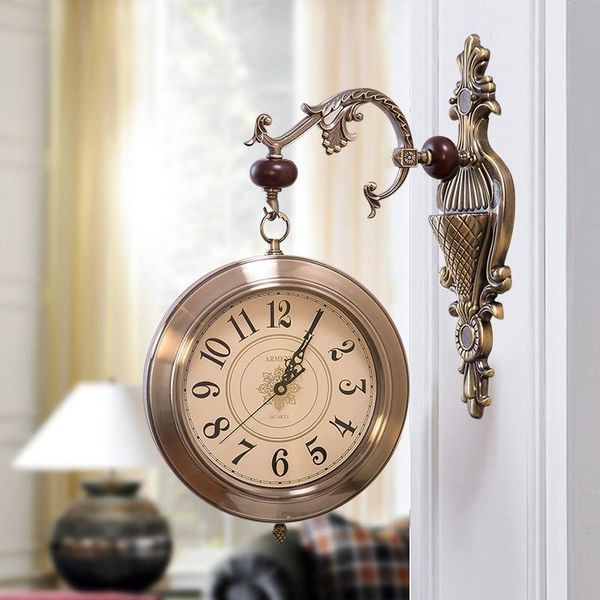 

wall clocks two-sided metal clock vintage silent living room double face iron bell watch horloge mural decor