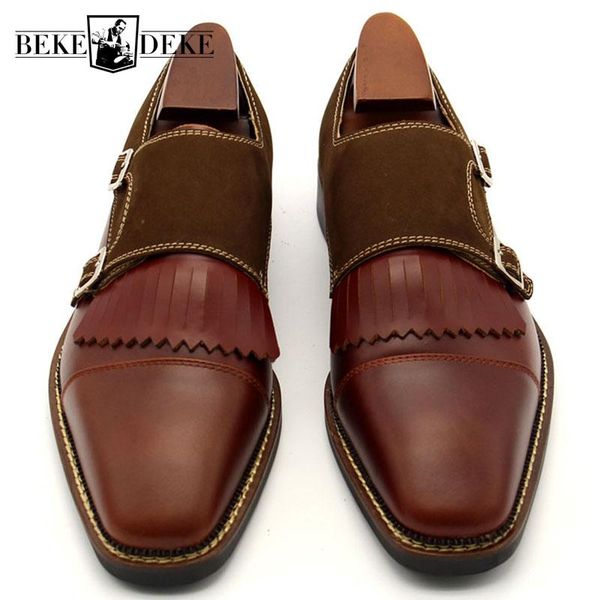 

handmade men luxury genuine leather dress shoes spliced tassels british business man formal footwear buckle slip on office shoes, Black