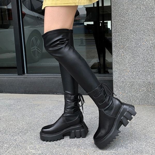 

new black 2021 chunky on the knee women's lace up to shoes thigh high female thick spring sole mujer boots xto3