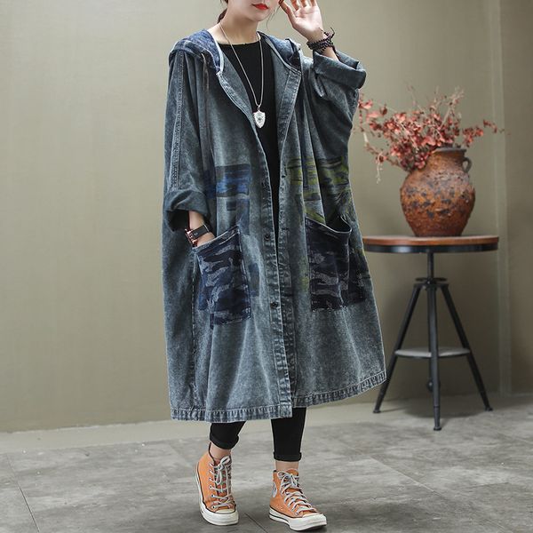 

ewq] 2020 spring autumn new long denim windbreaker women's printing casual large size long sleeve hooded coat fashion 3aj68306 1031, Tan;black