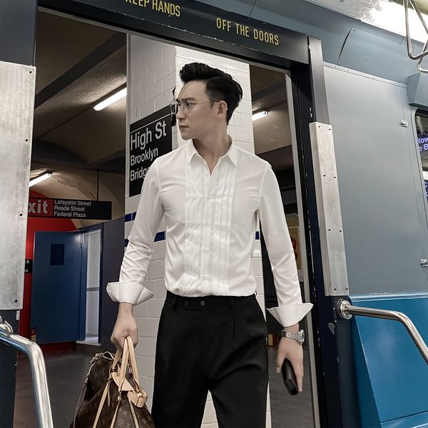 

daio ethan british chest folded french style men's slim long sleeve white shirt gentleman wing collar