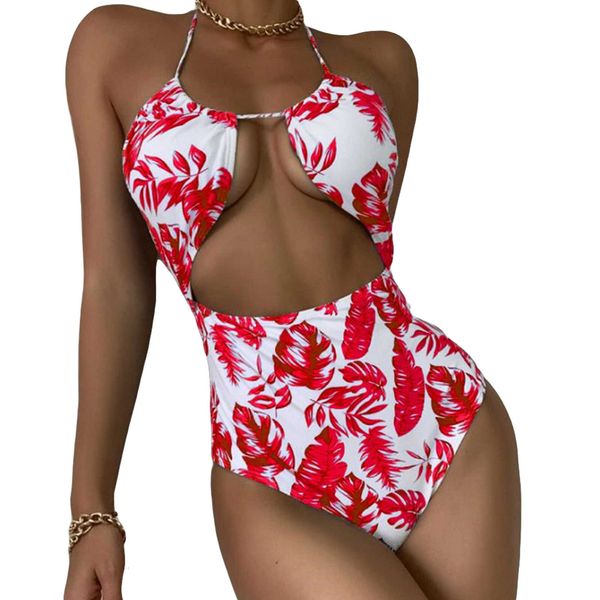 

women's printed one-piece swimsuit front hollowed high waist triangle halter swimwear for beach swimming, White;black