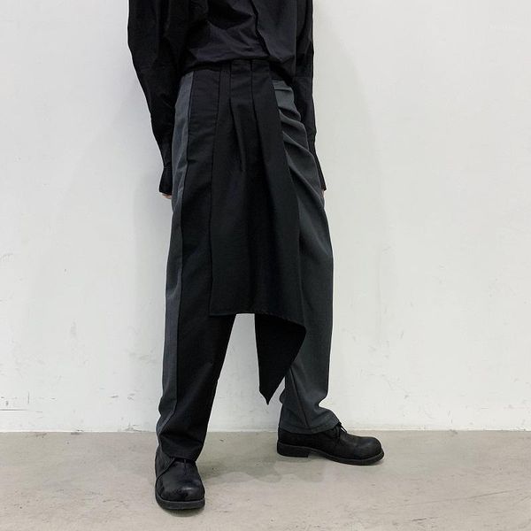 

men asymmetry splice casual suit pant male japan streetstyle fashion loose wide leg harem trousers skirt pant stage show clothes1, Black