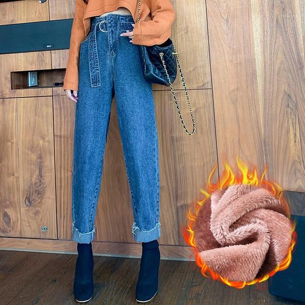 

2019 solid fleece jeans women thickening warm jeans pants black high wasit trouser streetpants lady denim harem pants p92811, Blue