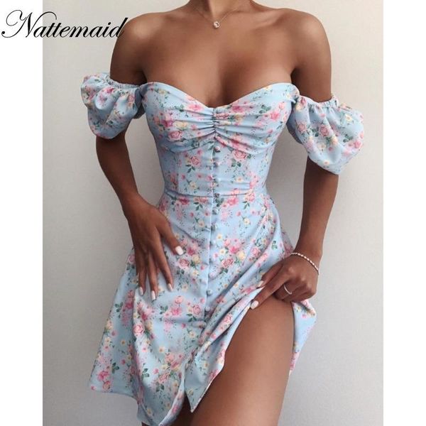 

nattemaid floral print buttoned mini dress women ruffles puff sleeve heart neck summer dresses off shoulder a line dress, Black;gray