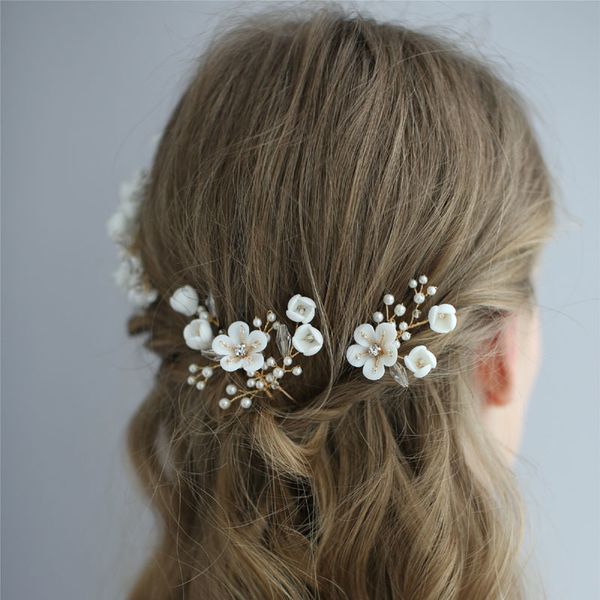 SLBRIDAL Handgemachte Kristall Strass Perlen Keramik Blume Braut Hochzeit Haar Kamm Haarnadeln Aufkleber Brautjungfern Frauen Schmuck J0113