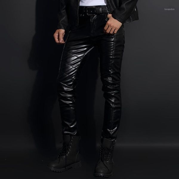 

men's pants men's leather korean tide slim winter plus velvet feet locomotive fashion tight1, Black