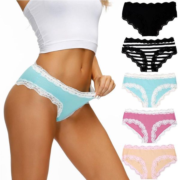 

women's panties 2021 cotton women underwear set 5 pack low-rise lace solid color female lingerie soft breathable briefs, Black;pink