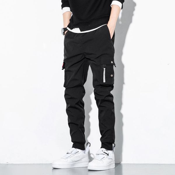 

2020 autumn new slim solid color nine minutes multi-pocket pants slacks casual personality youth men's wear, Black