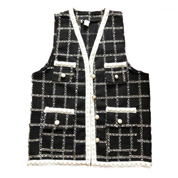 

new design spring and autumn women diamond plaid tweed vest coat small fragrance lady's sleeveless woolen jacket waistcoats1, Black;white