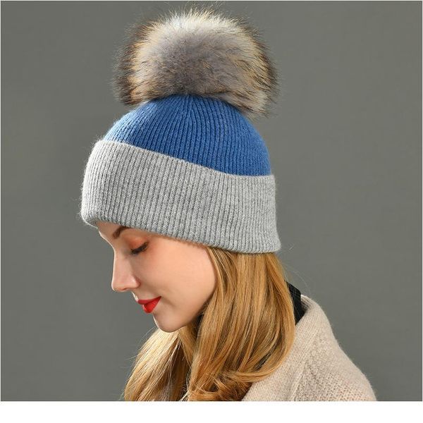 

women winter hats cashmere knitted wool cap real fur ball striped knitted hat female fashion cap ladies hedging woo qylhni, White