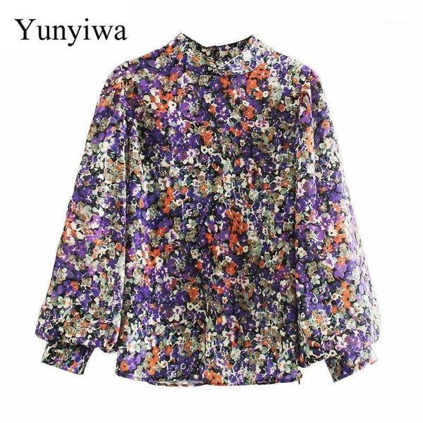 

new 2020 women vintage stand collar floral print casual kimono blouse women pleats lantern sleeve chic shirt chemise 1, White
