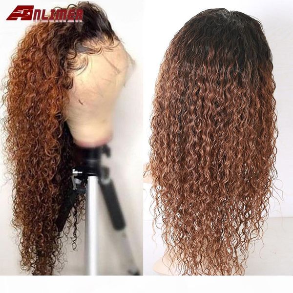 

anlimer ombre t1b 30 curly brazilian remy hair ombre color lace front human hair wigs with baby hair bleached knots, Black