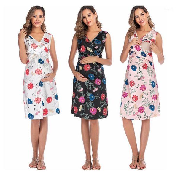 

maternity dresses 2021 dress women floral printed nursing for pregnant breastfeeding clothes summer sleeveless dress1, White