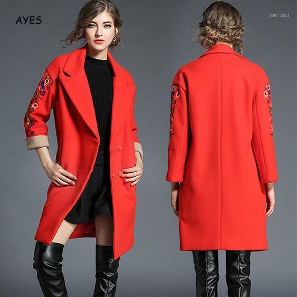 

red wool blend coat women 2019 autumn winter long slim coat fashion basic overcoat women chinese floral embroidery woolen jacket1, Black