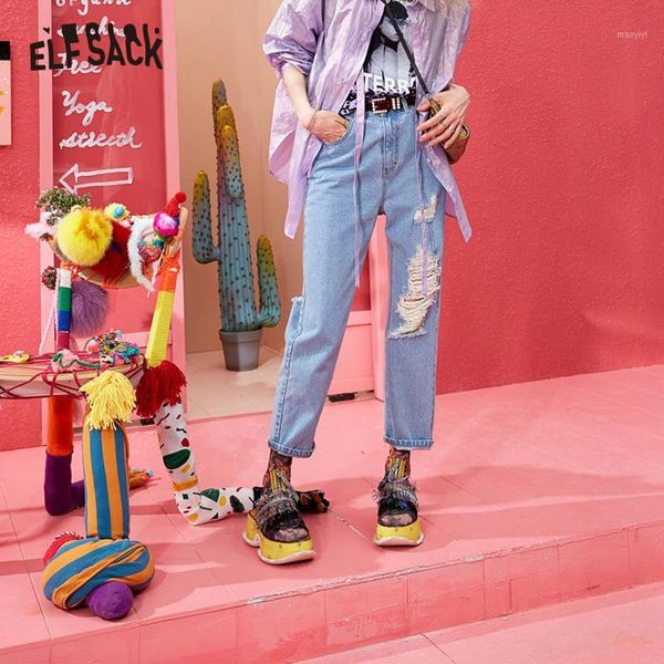 

elf sack sky blue frayed denim women pants casual mid waist straight jeans 2019 summer streetwear loose female trousers1