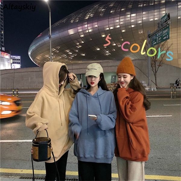

hoodies women solid loose 2xl casual plus velvet hooded womens pullover chic daily big pocket students simple korean style sweet y200915, Black