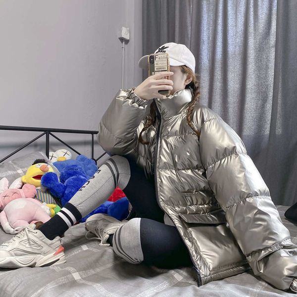 

first release of bright silver reflective cotton jacket with stand-up collar design for men and women, Black