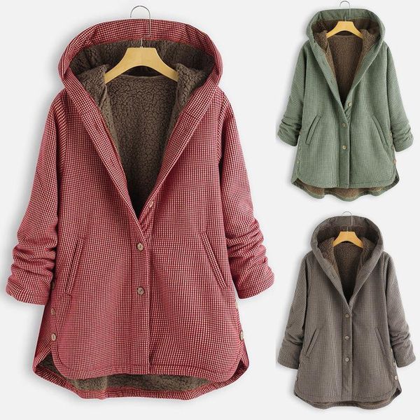 

fashion plaid warm coat casual ladies faux fur hooded buttons jacket coat streetwear female winter long sleeve womens outerwear1, Black;brown