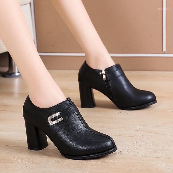 

2020 new women's high heels boots pu shoes woman round head solid color rhinestone fashion women's spring boots size 35-391, Black