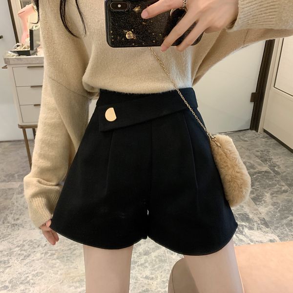 

2020 autumn winter new woollen shorts loose high waist leisure boots and show thin wide leg black a-line pants children