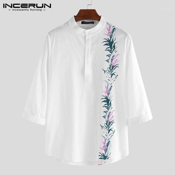 

incerun summer men shirt printed stand collar casual half sleeve blouse breathable streetwear cotton shirts men summer camisa1, White;black