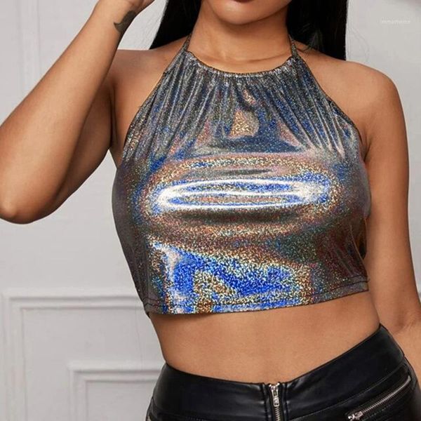

home&nest elegant metallic sequin crop bling backless women halter tank summer vest sleeveless ladies casual tank 1, White