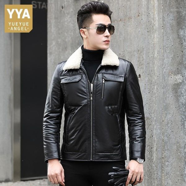 

thick winter new genuine leather mens down coats wool turn down collar fashion male casual slim jackets plus size1, Black