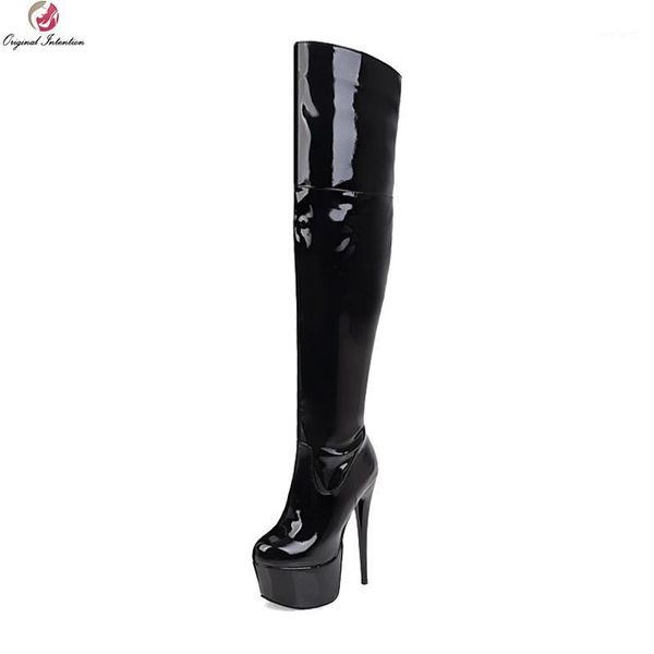 

original intention fashion women over-the-knee boots platform round toe thin heels boots 3 colors shoes woman plus us size 4-161, Black