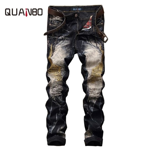 QUANBO Neue Sommer Frühling Mode Marke Design Distressed Herren Jeans Hight Qualität Loch Ripped Stickerei Denim Hosen 42 201117