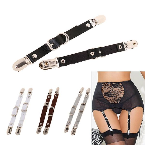

1 pair pu leather elastic garter leg harness thigh-high stockings belt metal clips suspender strap muticolor, Black;white