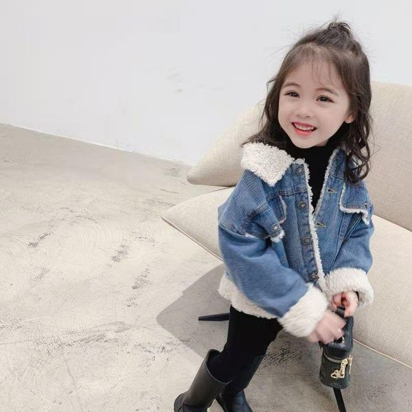 

fashion coat girls mid-length jacket kids warm cowboy outerwear winter spring teenage single-breasted clothes lining lamb wool, Blue;gray
