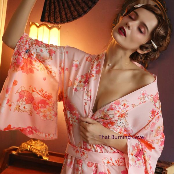 

woman kimono japanese style floral printed yukata v-neck transparent silk pajamas sleepwear ladys retro lingerie nightgown, Black;white