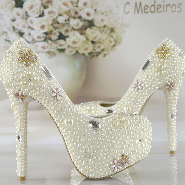 

2021 ivory white women formal dress shoes pearl rhinestone bridal dress shoes lady crystal platform high heels bridesmaid1, Black