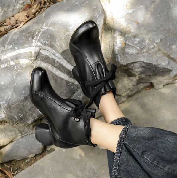 

2021 leather boots women casual all-match round toe knight, Black