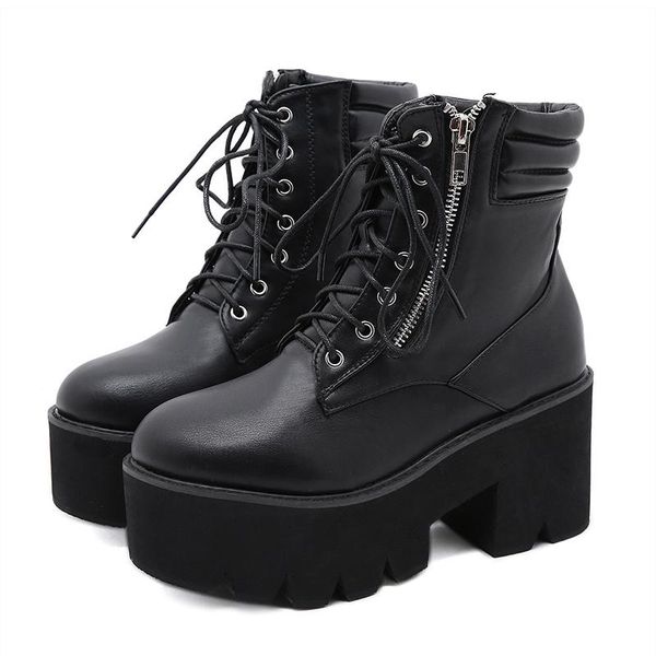 

women's chunky heels motorcycle boots ladies platform female gothic high heels woman punk ankle boots autumn woman lace up shoes, Black